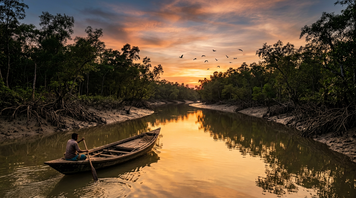 Sundarban tour from Chennai — mangrove river at golden hour from boat