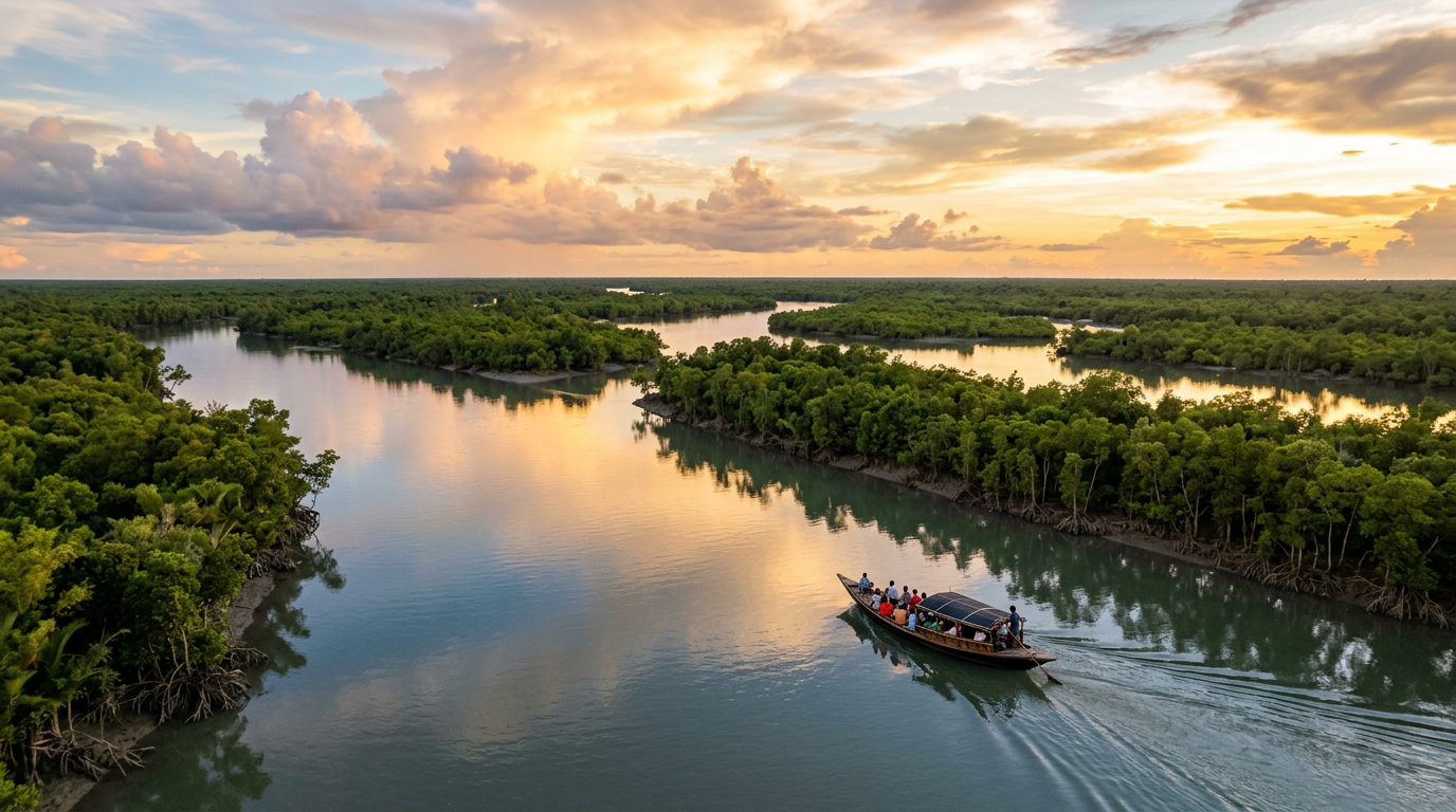 Sundarban Tour from Delhi — Sundarban Mangrove Landscape Sundarban tour from Delhi — wide river with mangrove islands and tourist boat