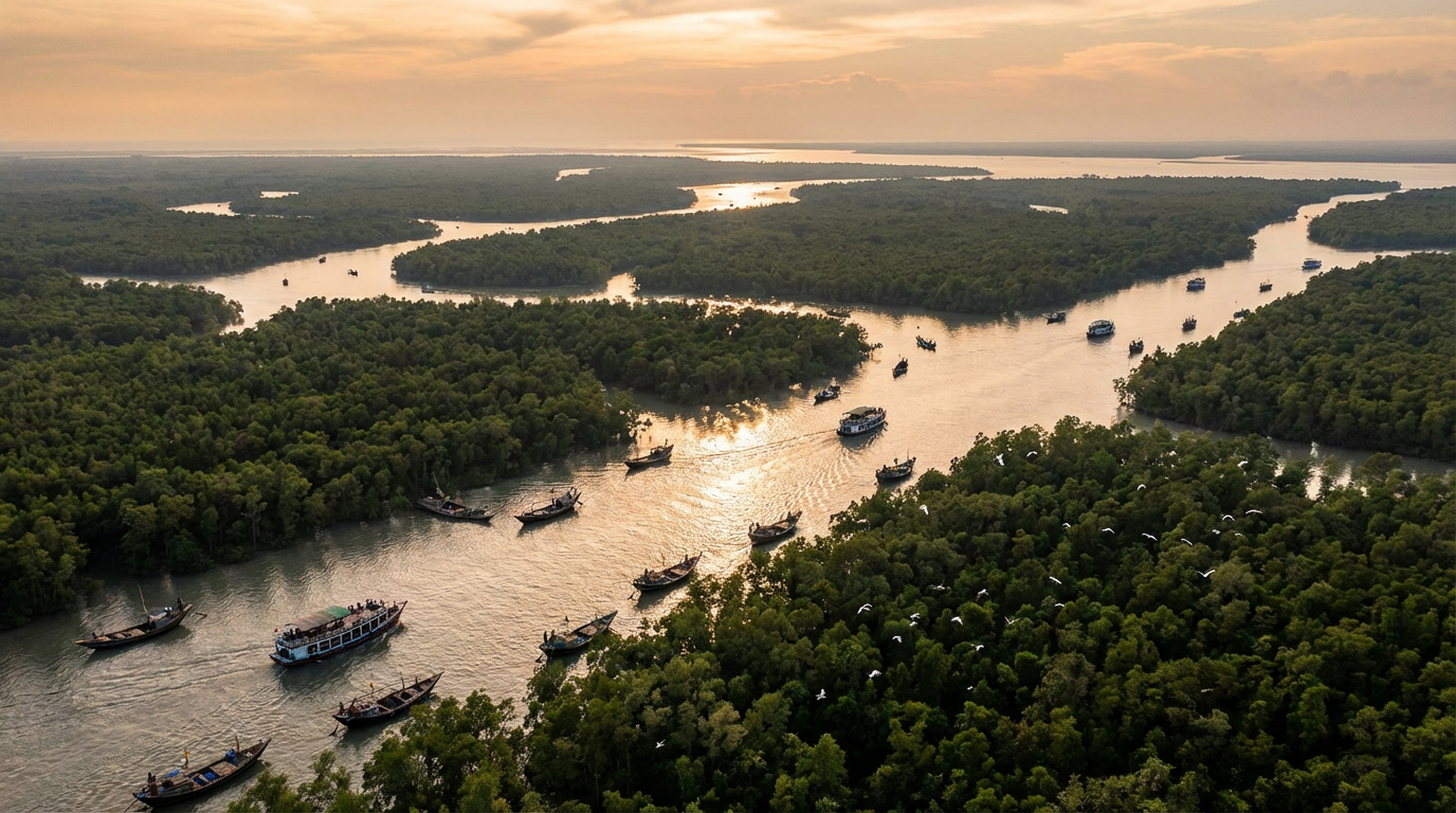 Sundarban Tour from Jamshedpur — Aerial View of the Mangrove Delta Aerial view of Sundarban river delta with tourist boats navigating mangrove waterways