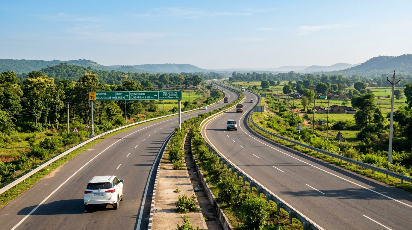 Sundarban Tour from Jamshedpur — NH Highway Drive Toward Bengal National highway through Jharkhand countryside on the road from Jamshedpur to Kolkata