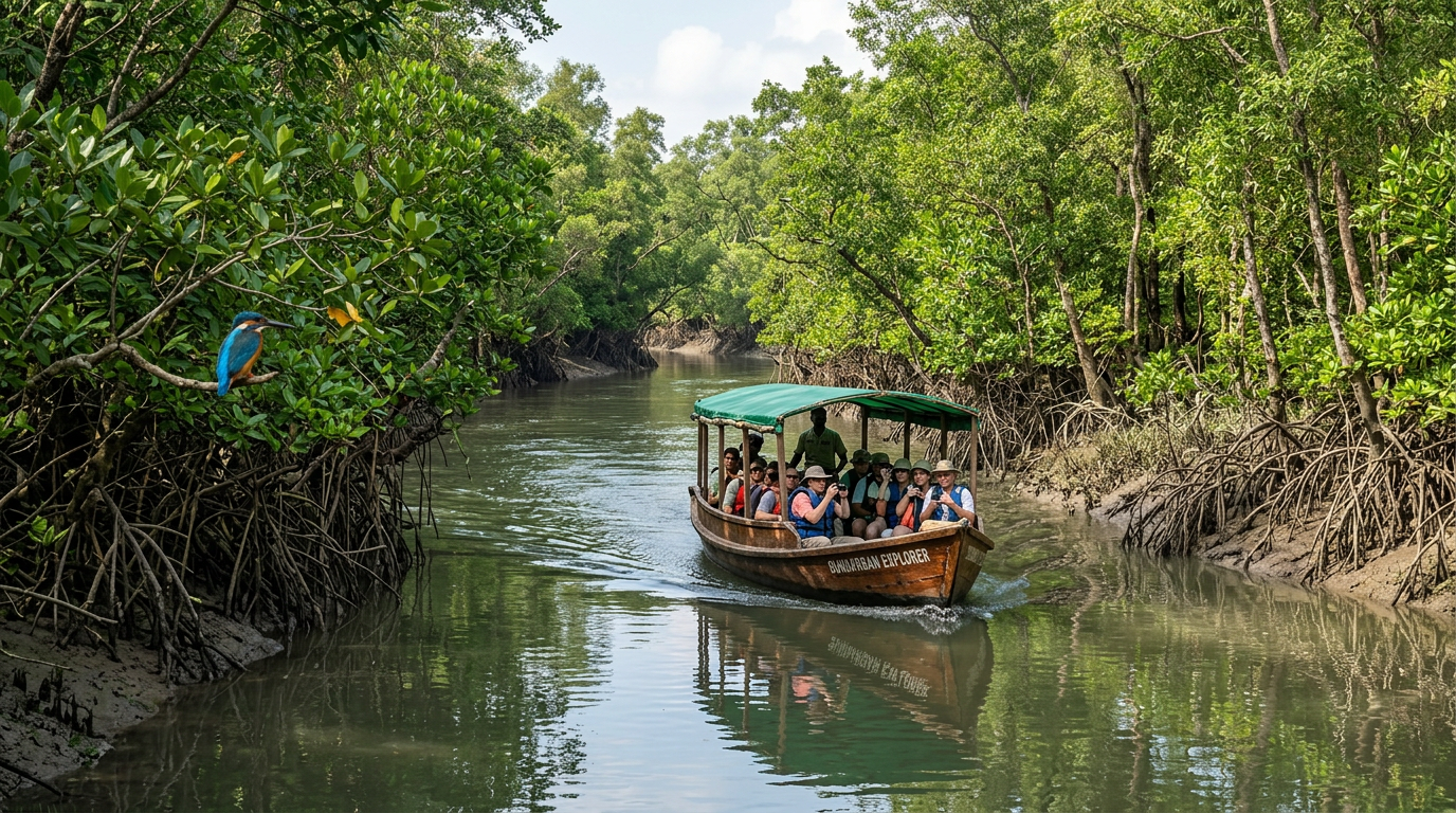 Sundarban Tour from Patna — Arriving at the Mangrove Forests Sundarban mangrove forest viewed from a tourist boat