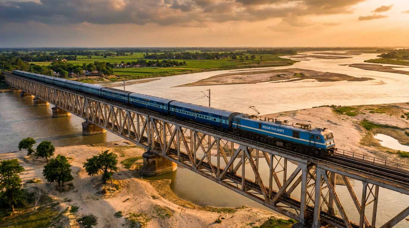 Sundarban Tour from Patna — Train Journey to Kolkata Express train crossing a river bridge on the Patna to Kolkata route