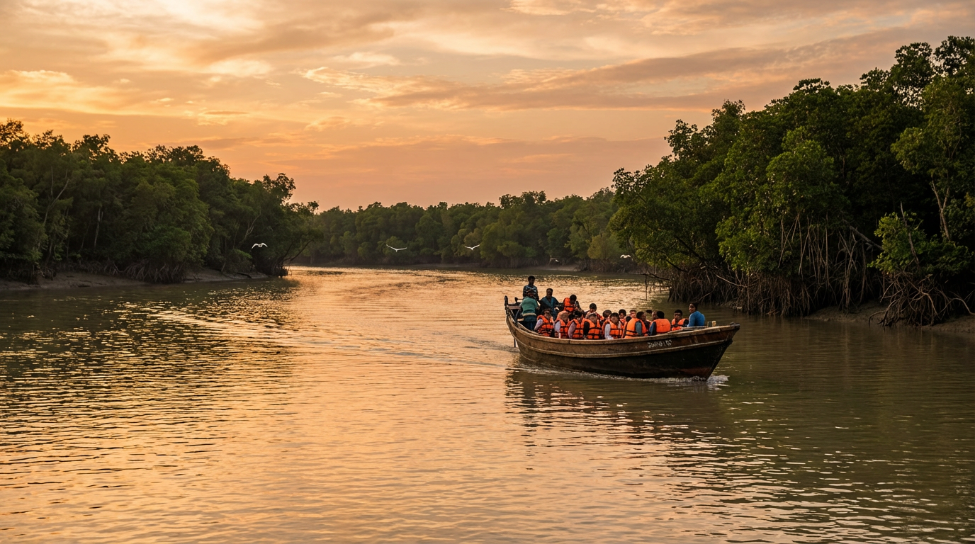 Sundarban travel guide 2026 — tourist boat cruising a wide river through mangrove forest at golden hour