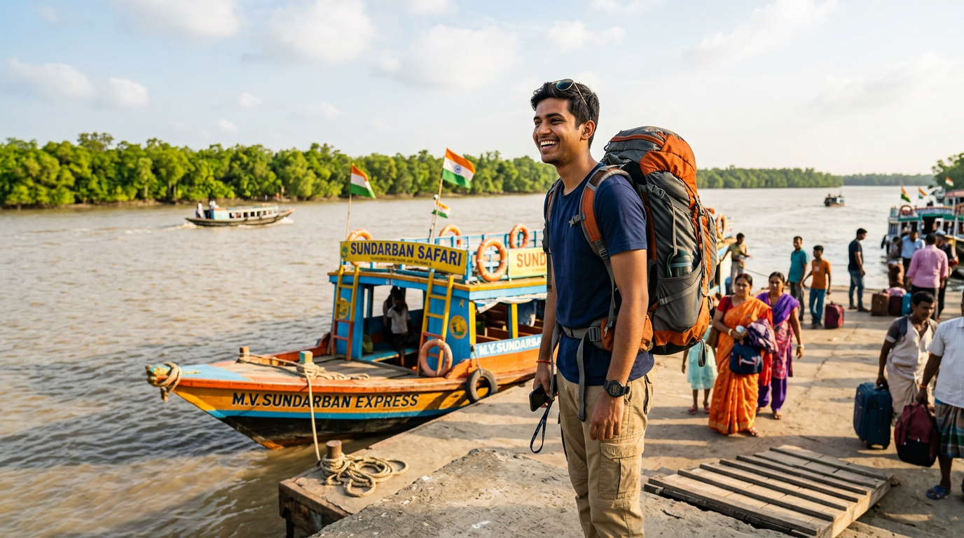 Excited first-time tourist arriving at Godkhali jetty with backpack ready for a Sundarban trip