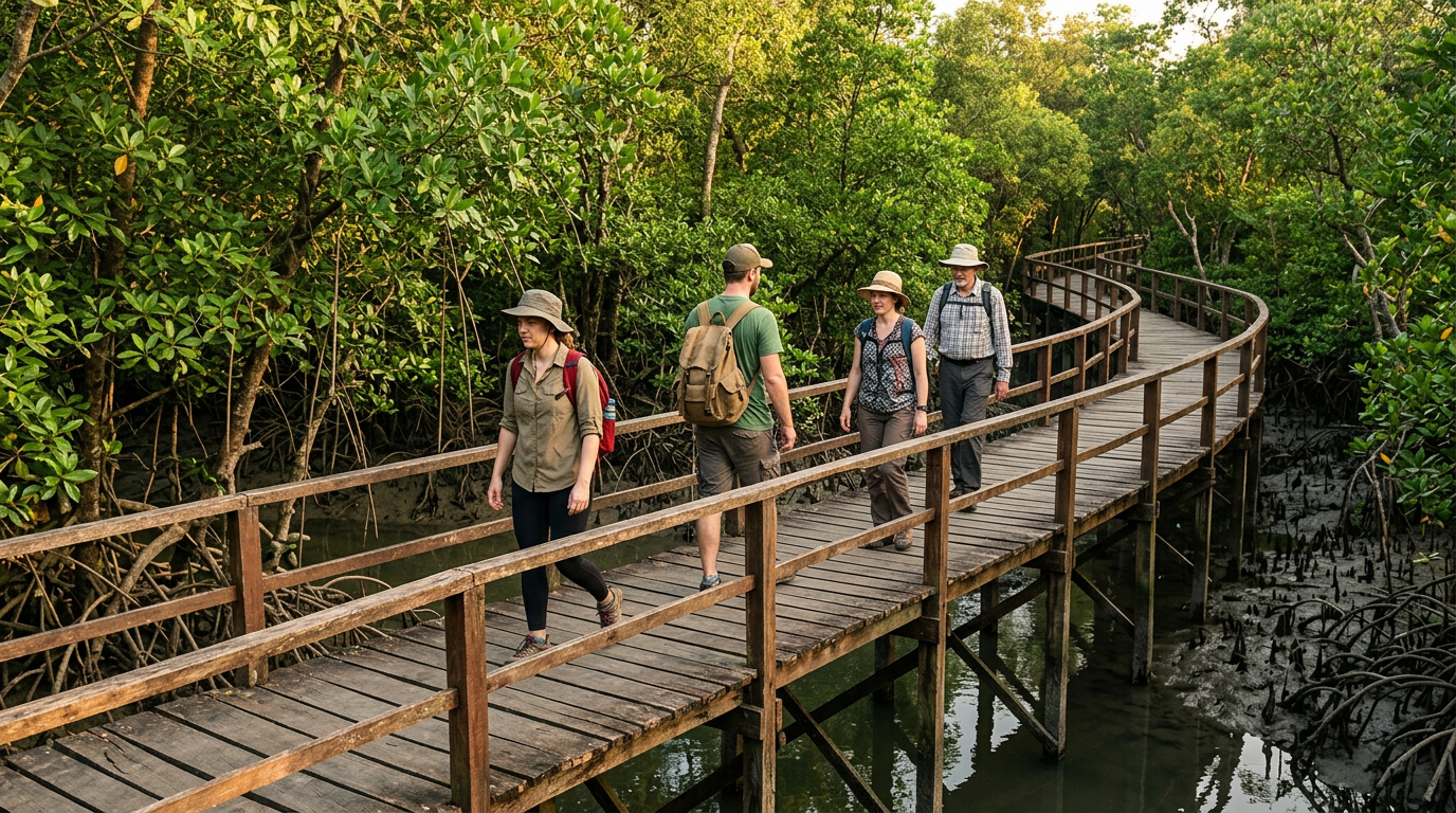 Tourists walking on a wooden boardwalk through Sundarban mangrove forest during a guided trekking tour