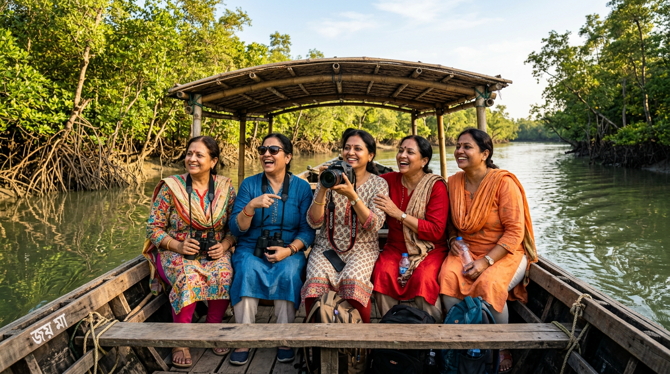 Group of Indian women tourists enjoying a Sundarban boat safari with binoculars and camera