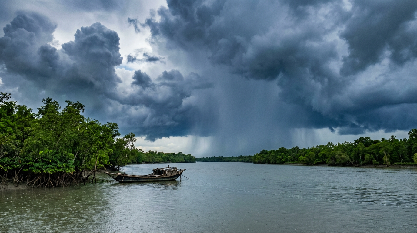 Dramatic monsoon sky with dark rain clouds over a Sundarban river and mangrove-lined banks