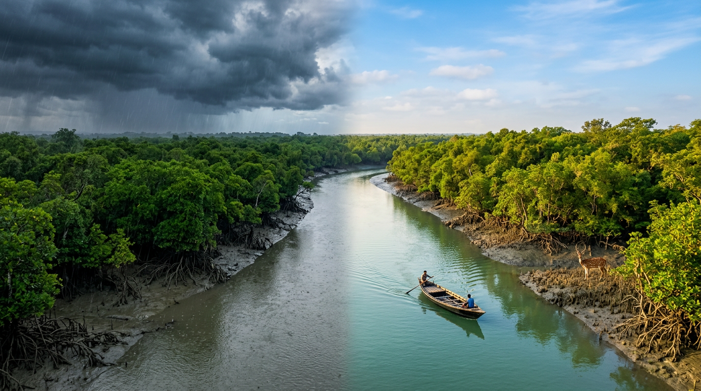 Sundarban weather month by month — seasonal contrast showing monsoon clouds and winter sunshine over mangrove waterways