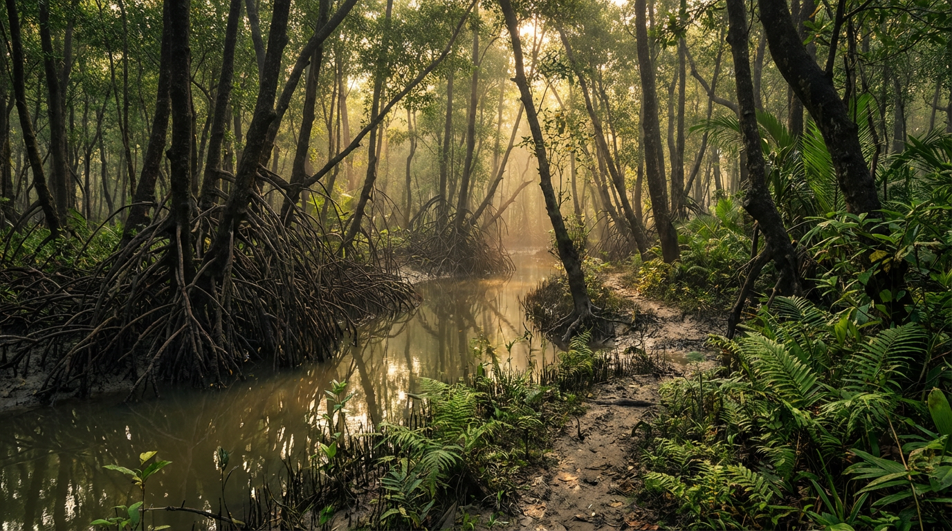 Dense Sundarban mangrove jungle with golden sunlight filtering through the canopy onto a wildlife trail beside a tidal creek