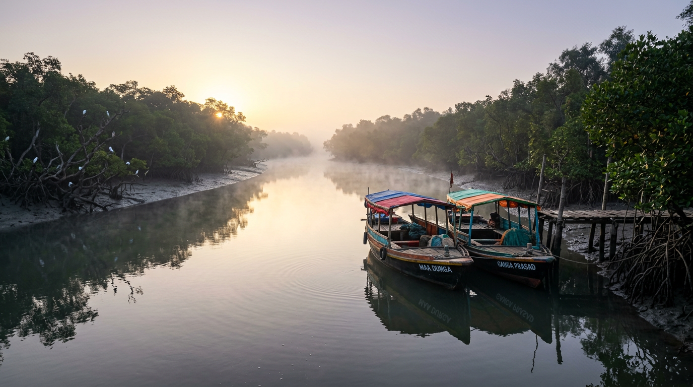 Misty winter morning on a Sundarban river with golden sunlight and colourful boats moored beside mangrove banks