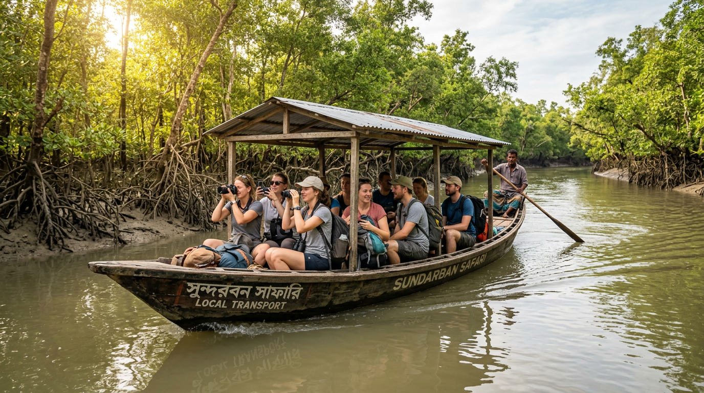 Budget travellers sharing a local boat in Sundarban mangrove waterways