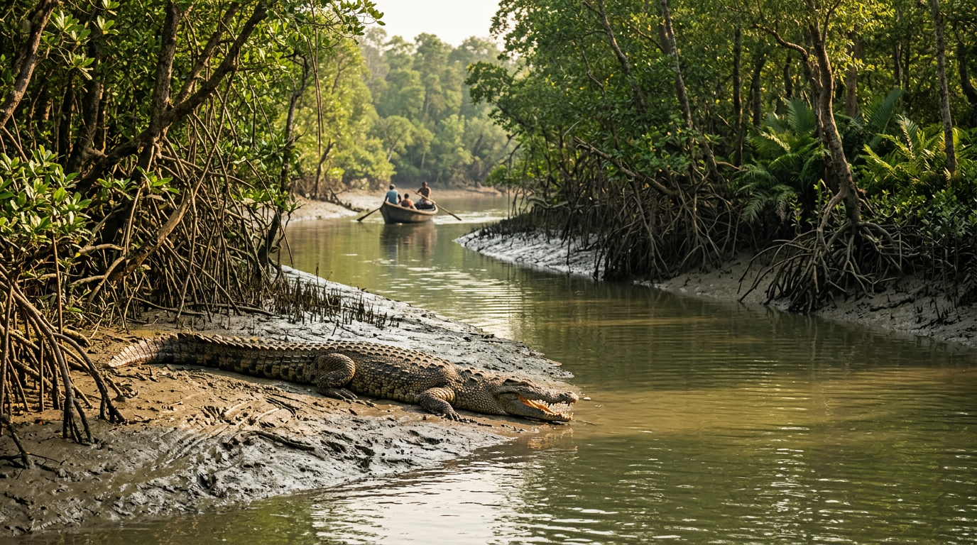 Sundarban vs Bhitarkanika — saltwater crocodile basking on mudflat in a mangrove creek