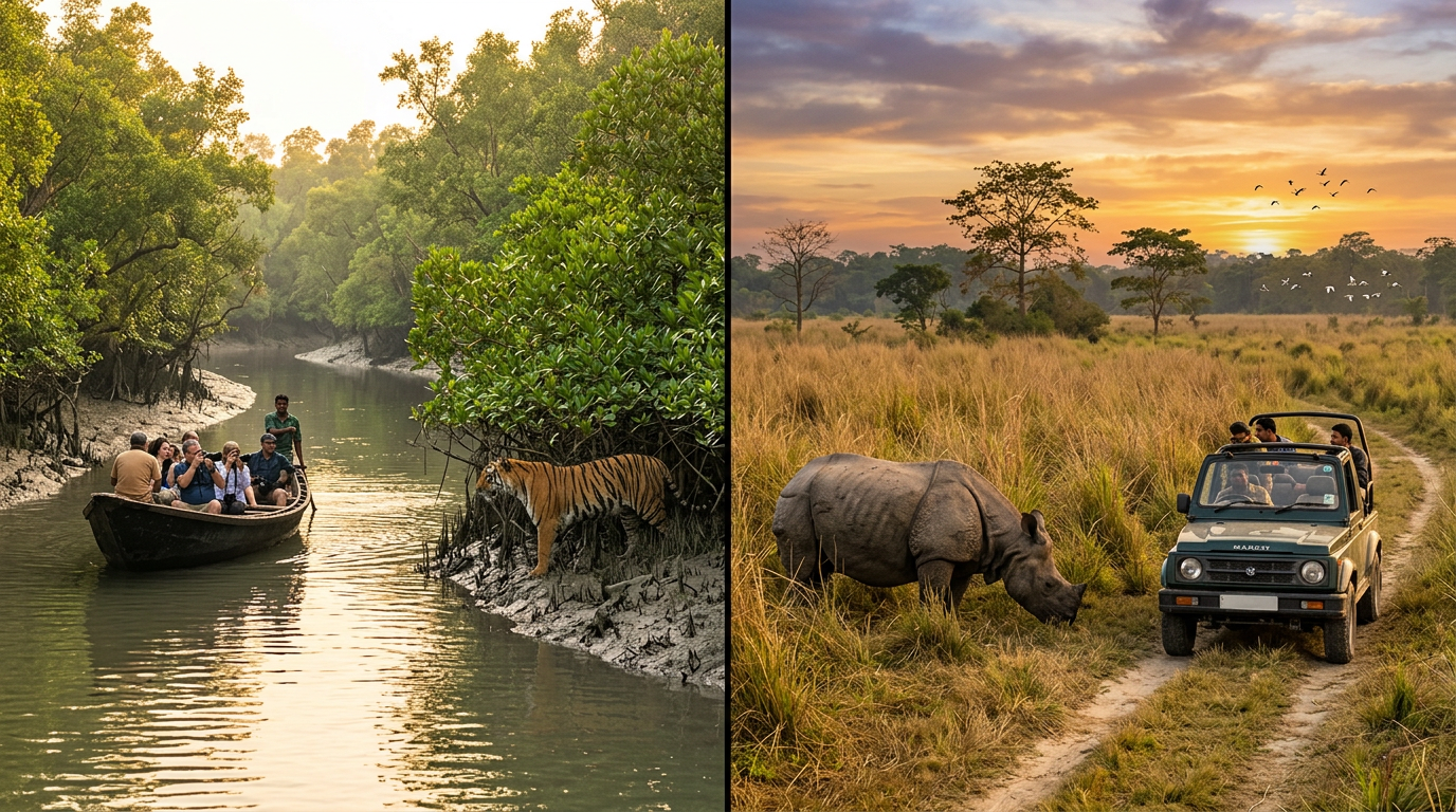 Sundarban vs Kaziranga — split image comparing boat safari in Sundarban mangroves with jeep safari in Kaziranga grasslands