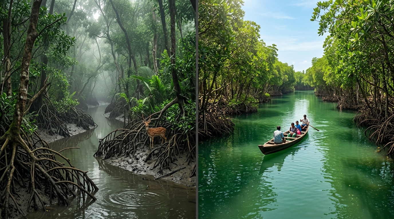 Split comparison showing dense Sundarban mangrove forest on the left and a serene Pichavaram boat ride through green waterways on the right