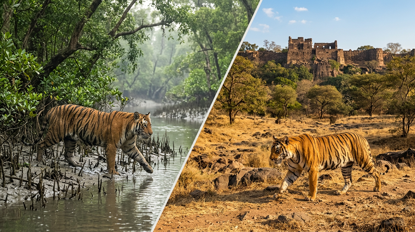 Sundarban vs Ranthambore tiger safari comparison — mangrove waterways and dry deciduous forest