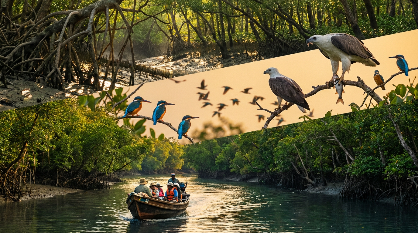 Collage of Sundarban activities — boat safari, bird watching, and mangrove canopy walk
