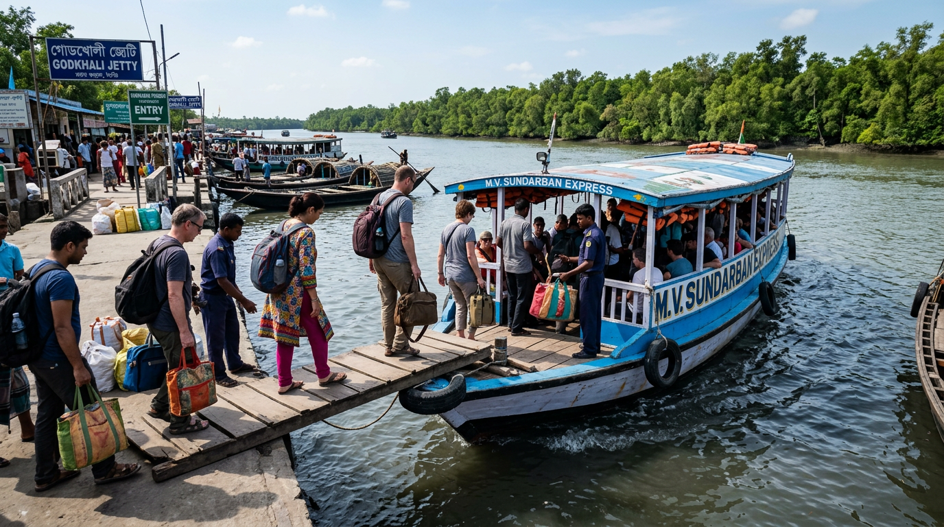 Tourists Loading onto Boat at Godkhali Jetty Tourists boarding a boat at Godkhali jetty for Sundarban mangrove safari