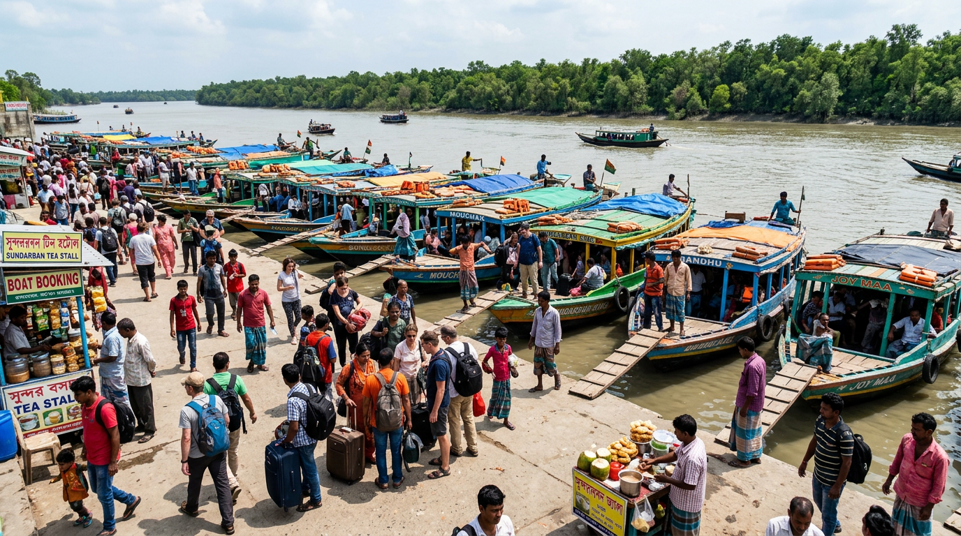 Busy Godkhali jetty with tourists and colourful boats docked for Sundarban tours