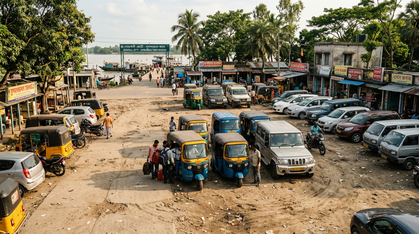 Godkhali Parking Area — Gateway to Sundarban Godkhali jetty parking area with cars and auto-rickshaws near Sundarban entry