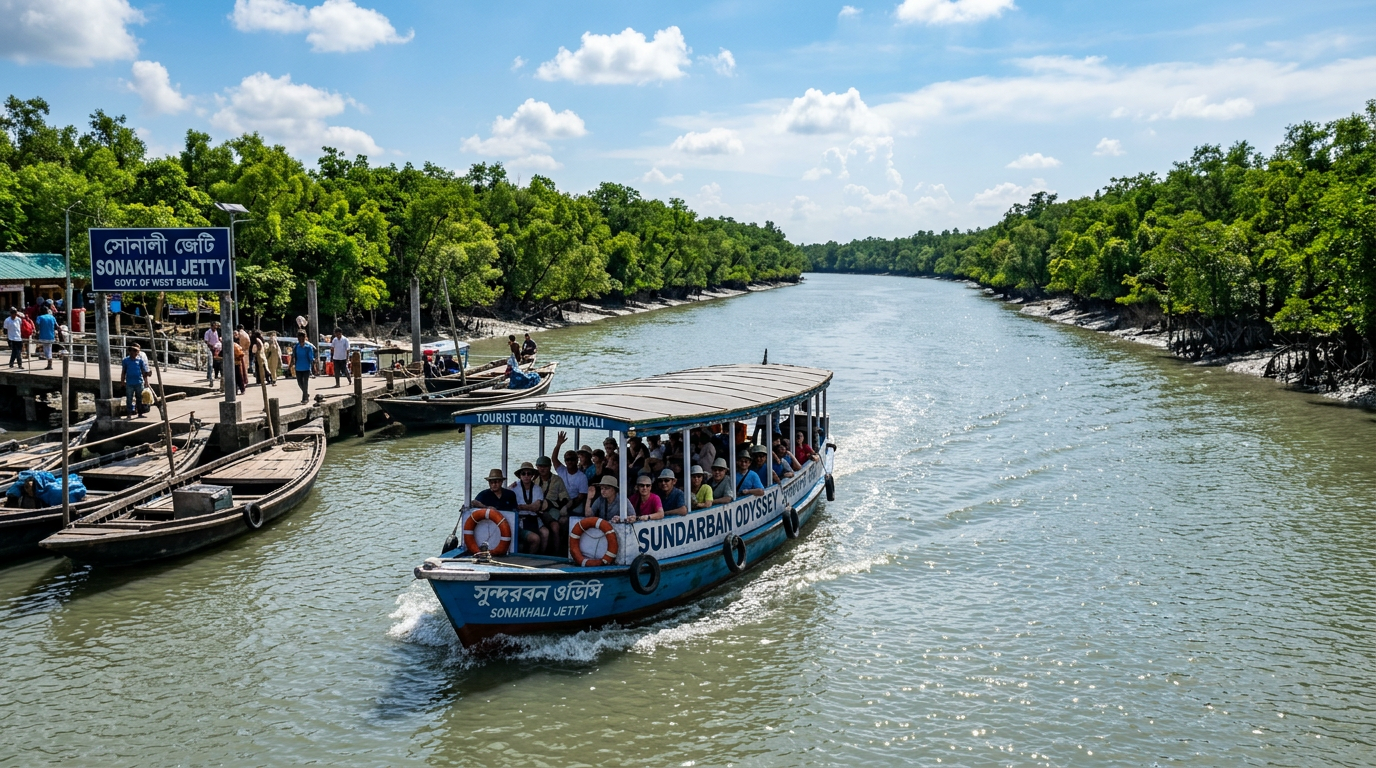 Boat Departing Sonakhali Jetty for Sundarban Safari Tourist boat departing from Sonakhali jetty into Sundarban mangrove waterways