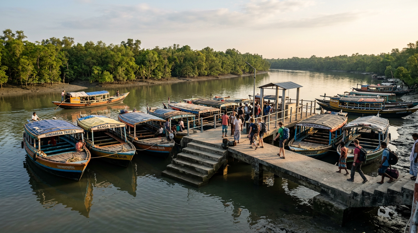 Sonakhali Jetty — Boats Ready for Sundarban Tour Sonakhali jetty with colourful boats ready for Sundarban departure
