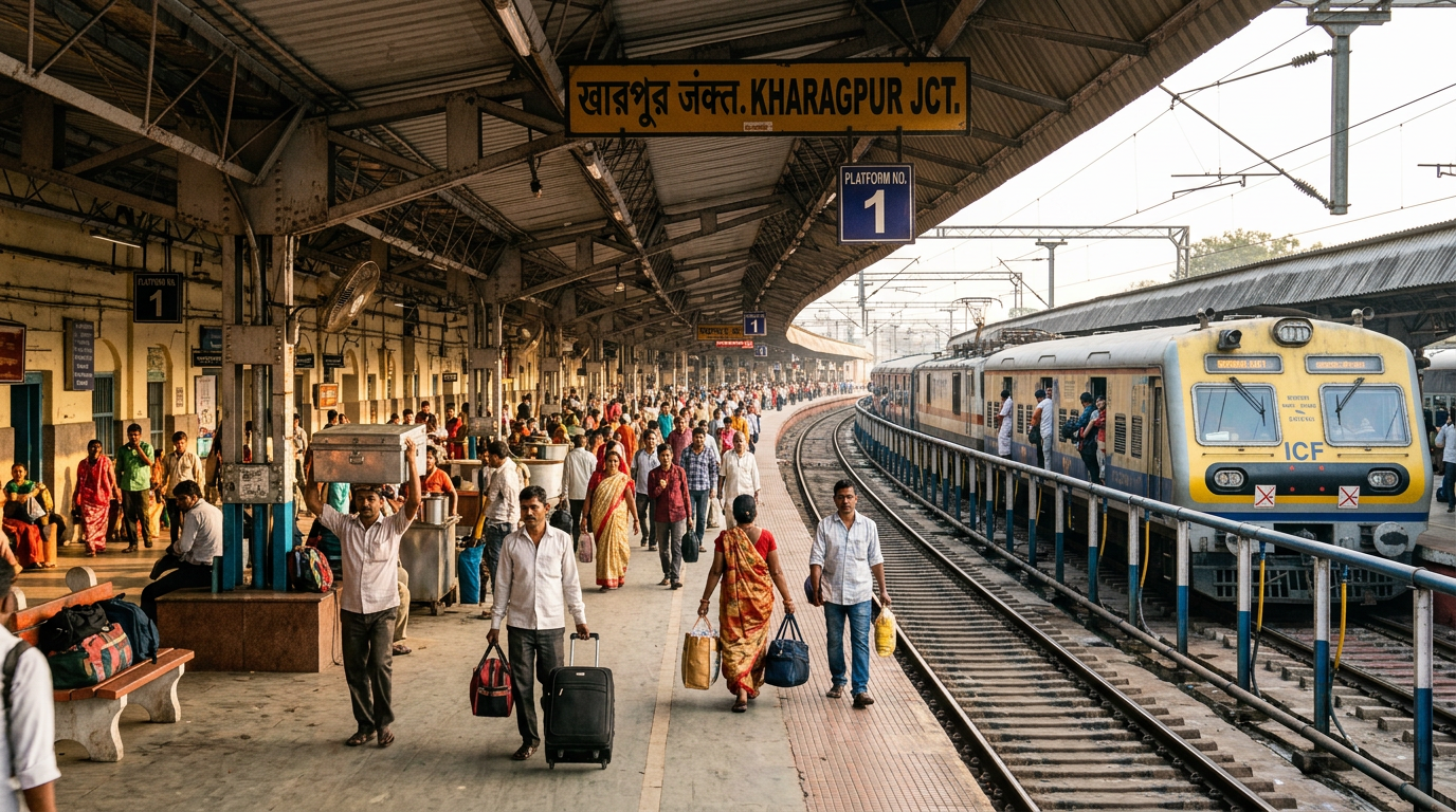 Sundarban tour from Kharagpur — travelers on the famous long platform at Kharagpur Junction