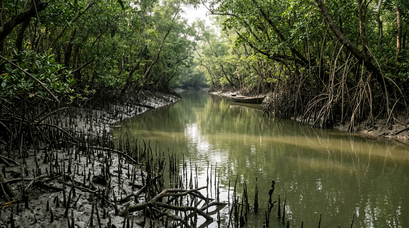 Sundarban Tour from Kharagpur — Tranquil Mangrove Creek in the Sundarbans Peaceful Sundarban creek with mangrove roots and calm water — nature destination